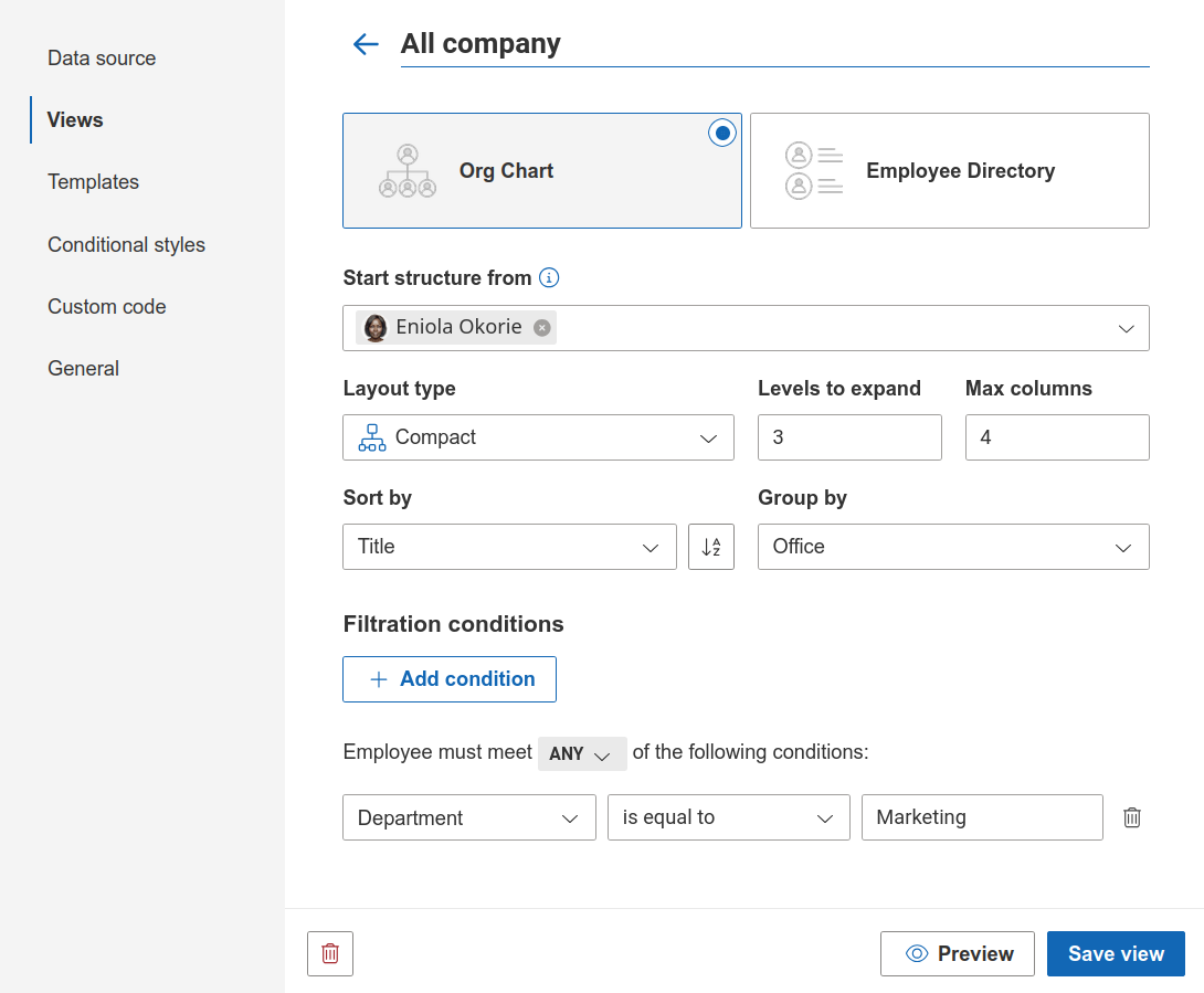 Org Chart view settings