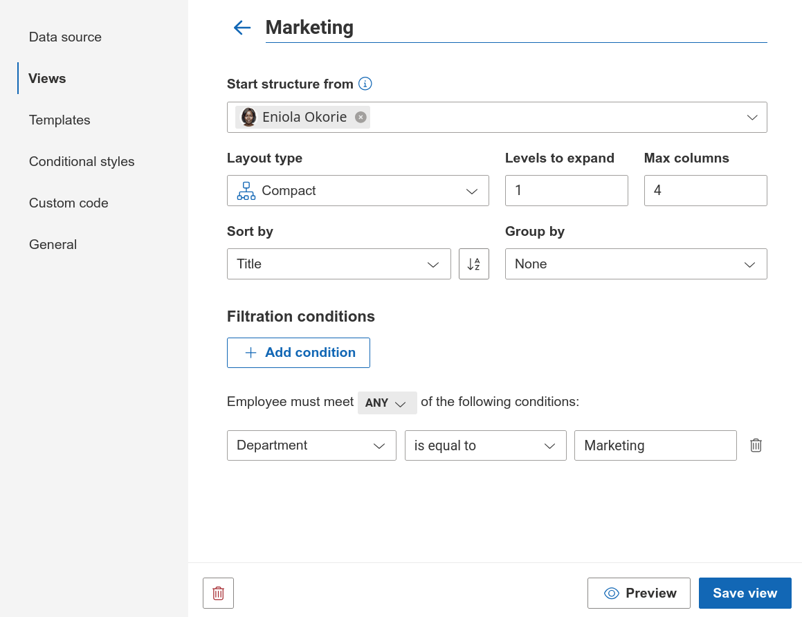 Org Chart view settings