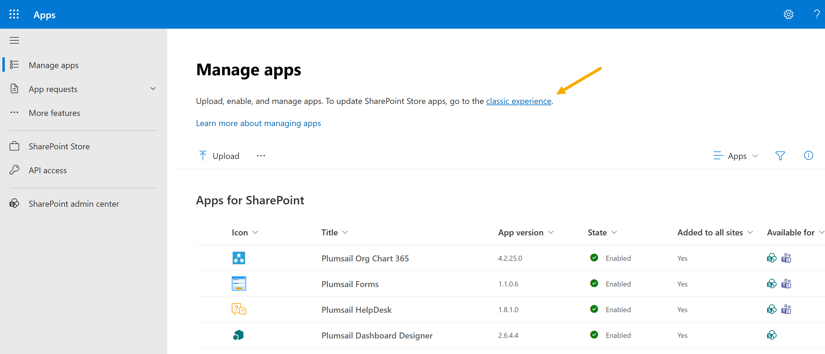 SharePoint Apps classic experience
