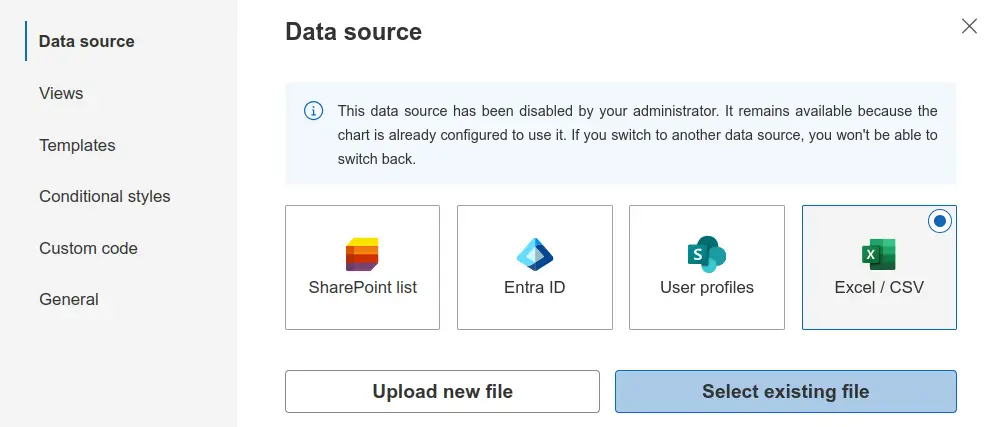 Org Chart configuration wizard displaying a warning about a restricted data source