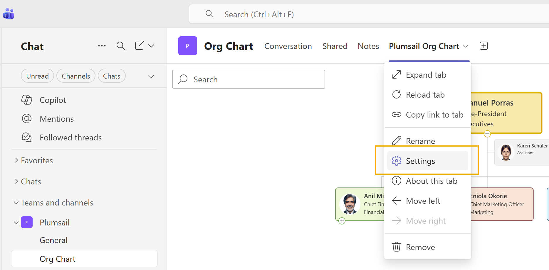 Open Org Chart tab settings in Microsoft Teams