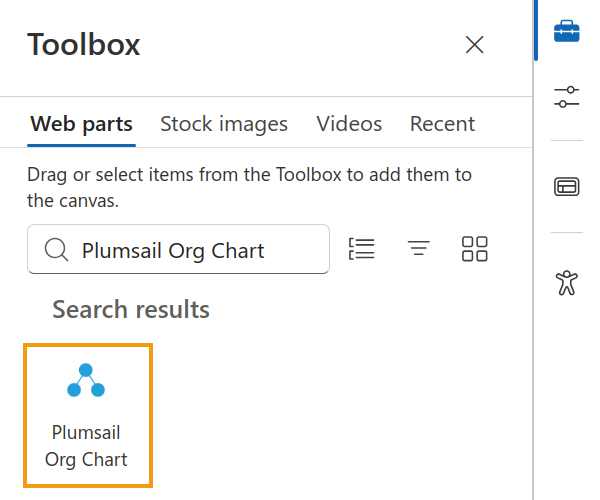 Searching for the Plumsail Org Chart web part in the SharePoint web part toolbox