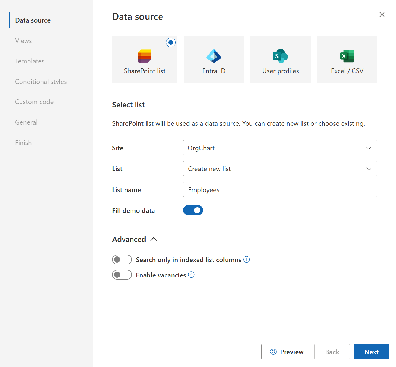 SharePoint list data source with demo list option in Org Chart configuration wizard