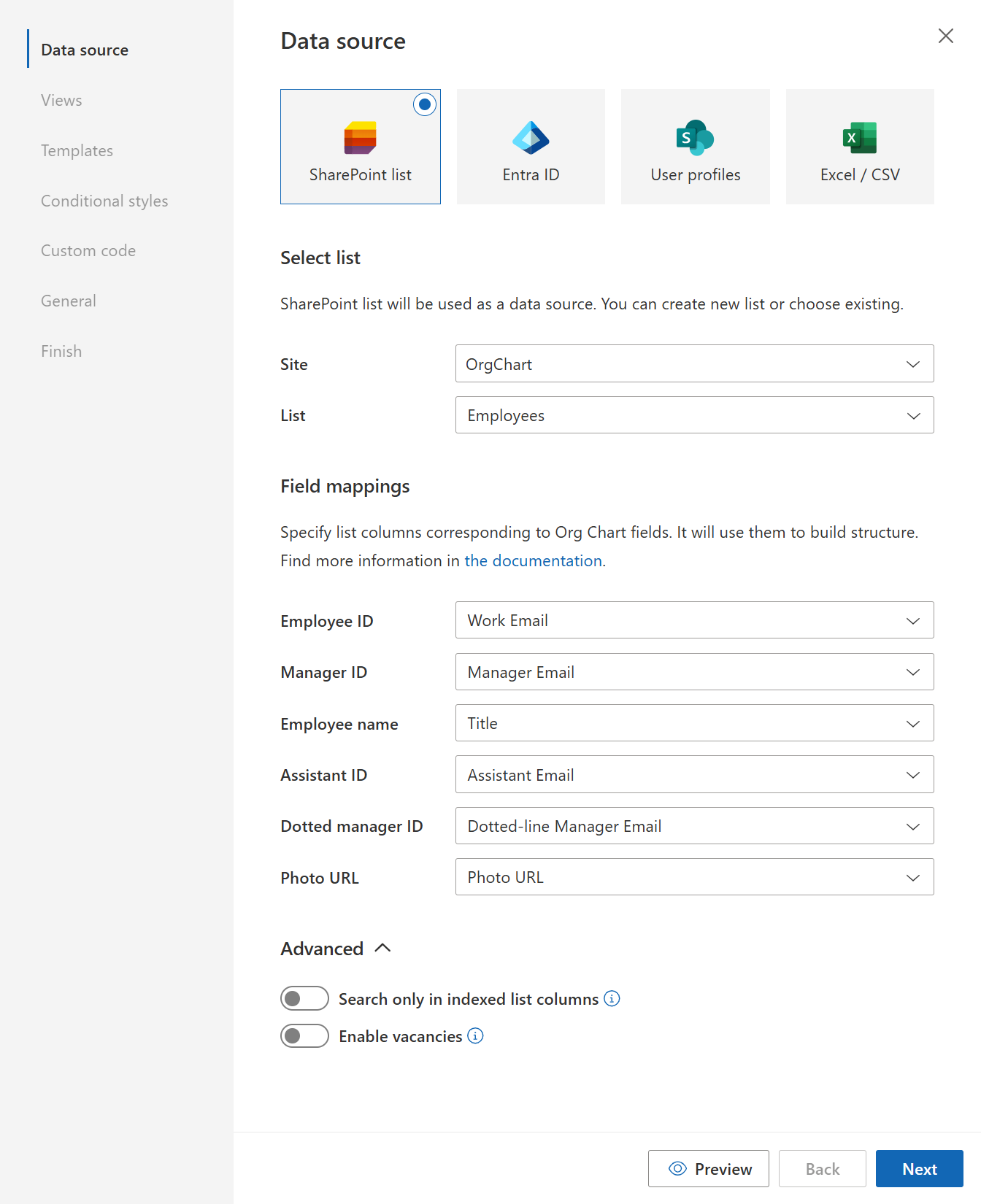 Map SharePoint list fields to Org Chart fields in the configuration wizard