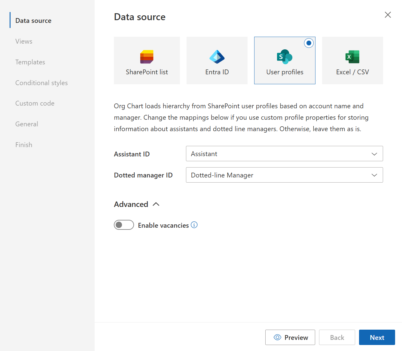 User profiles data source in the Org Chart configuration wizard