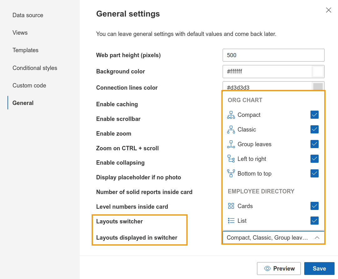 Layout settings in the General step showing available options to hide and restrict options in the switcher