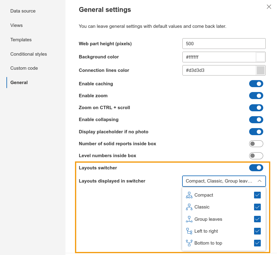 Layout settings in the General step showing available options to hide and restrict options in the switcher