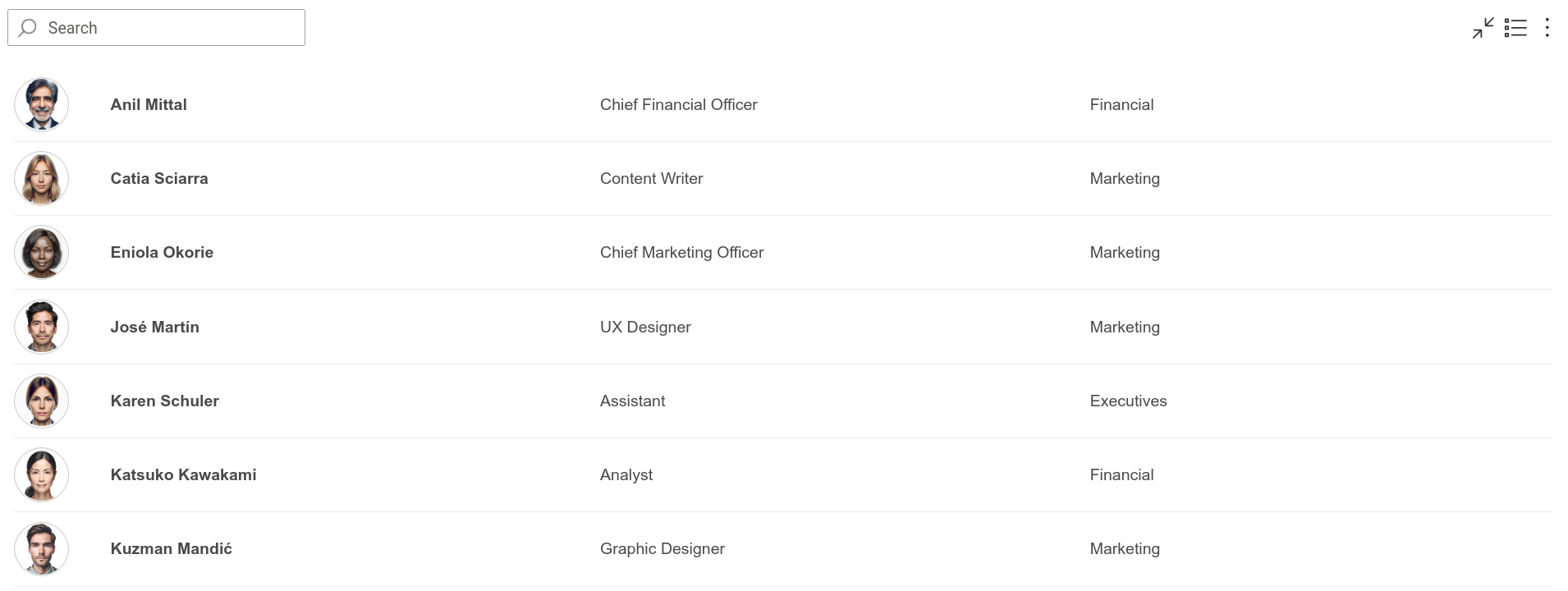List chart layout with a employee table