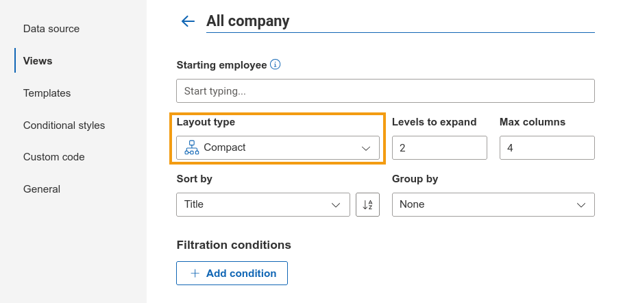 Layout selector and settings in the View panel