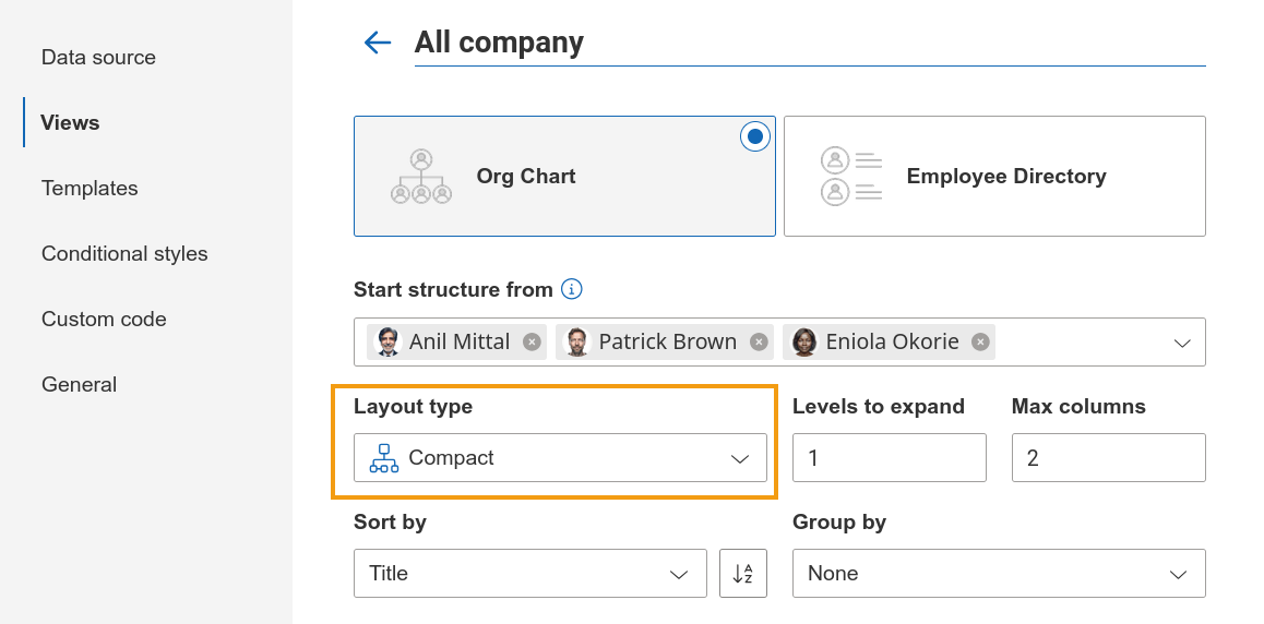 Layout selector and settings in the View panel