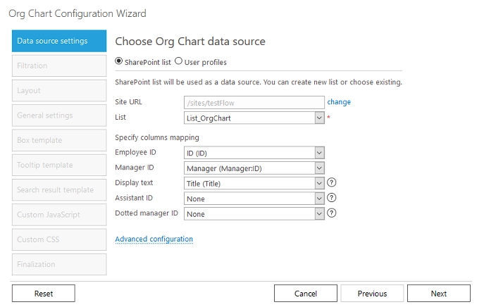 Configured list fields mapping