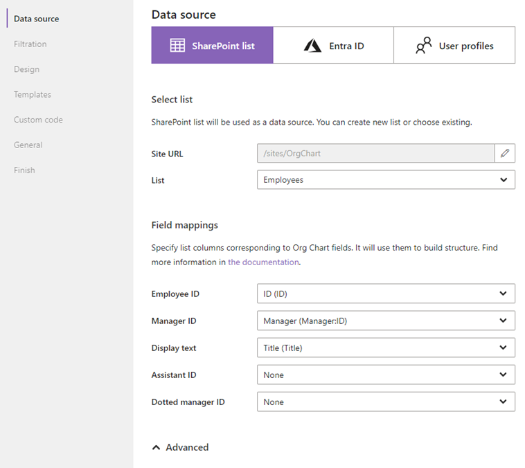 Configured list fields mapping