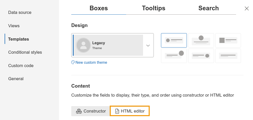 Template step in the configuration wizard, highlighting the HTML toggle