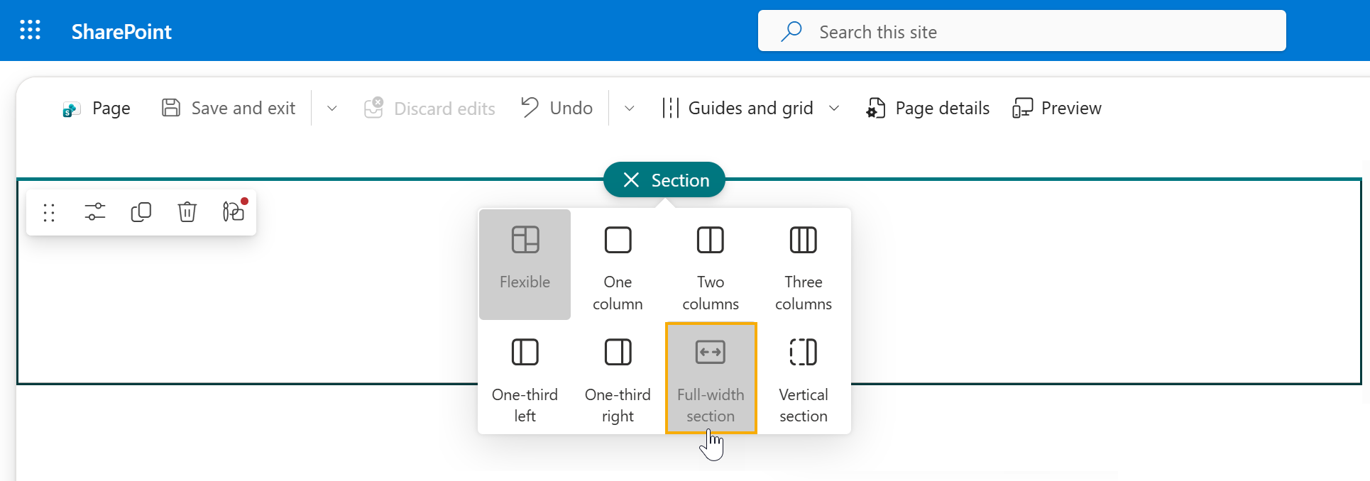 SharePoint page editor with Full-width section highlighted in the section layout menu