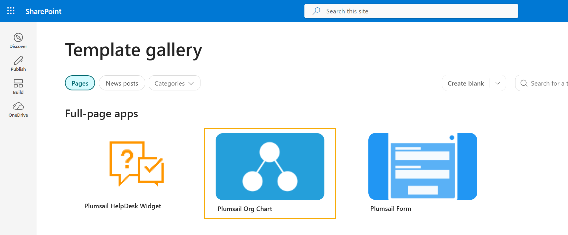 SharePoint template gallery with Plumsail Org Chart highlighted in the Full-page apps section
