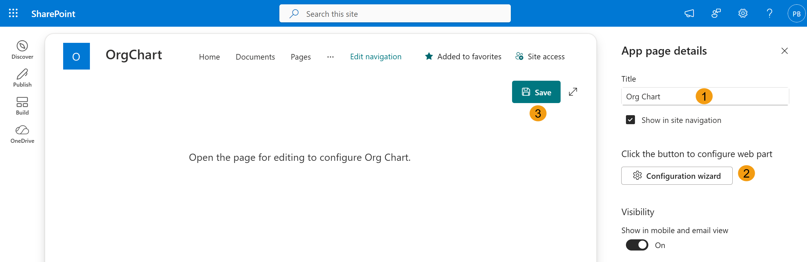 SharePoint app page with numbered callouts for the Title field, Configuration wizard button, and Save button