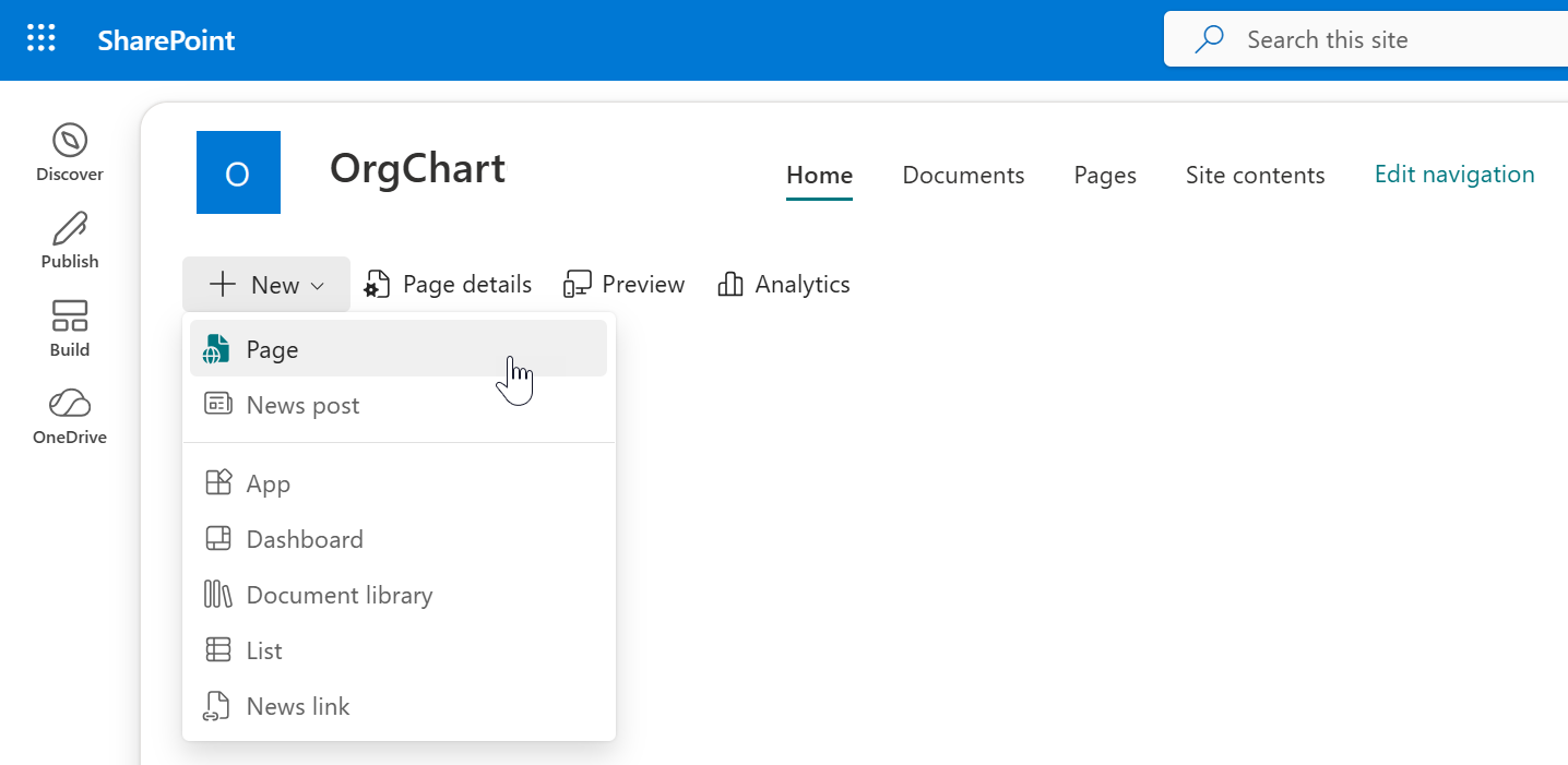 SharePoint home page with the New menu open and the Page option highlighted