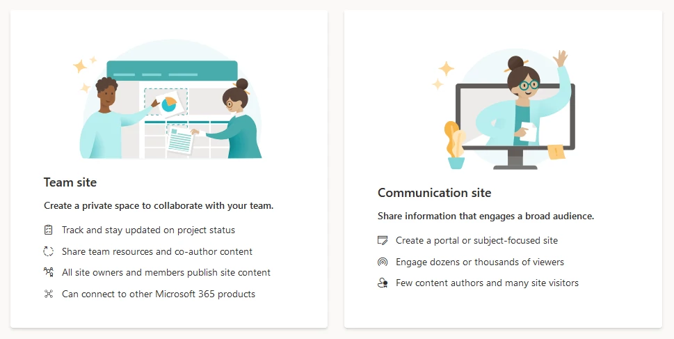 SharePoint new site choice: Team or Communication