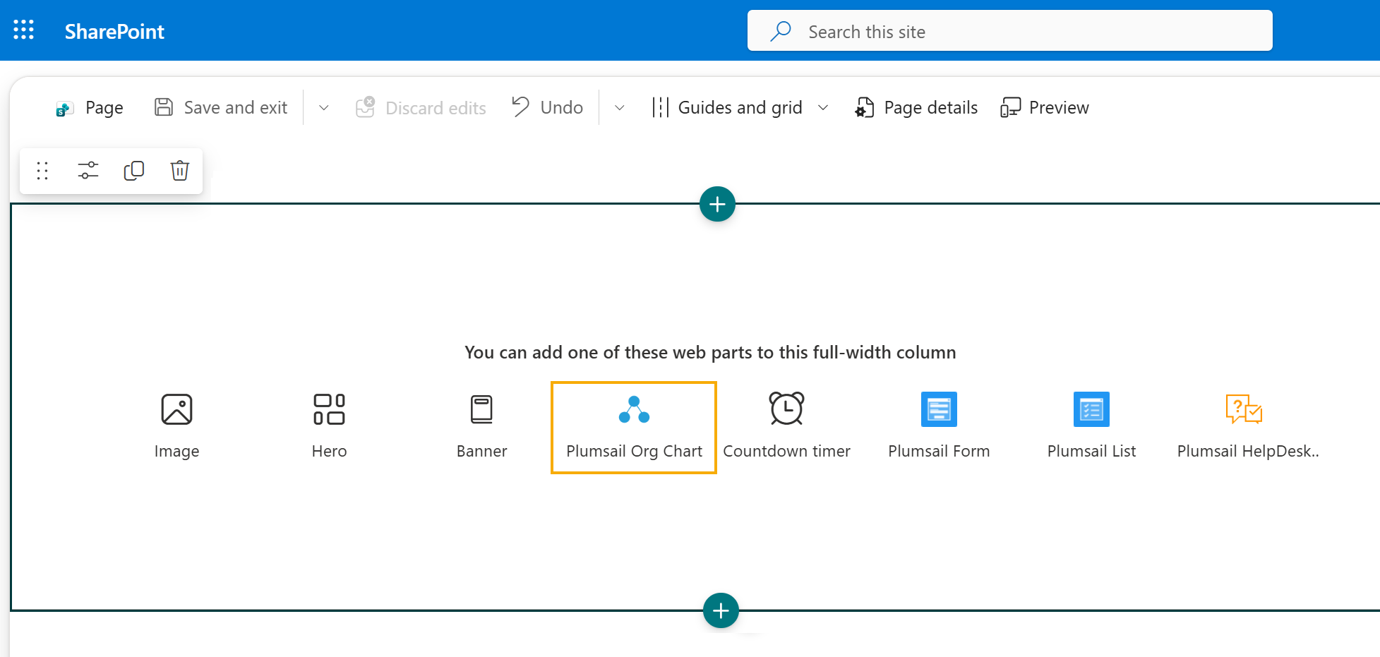 Empty full-width section with Plumsail Org Chart highlighted among the available web parts