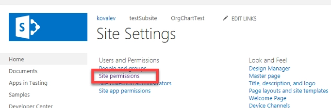 Site Permissions Location