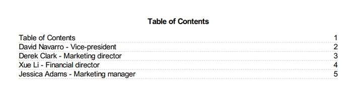 Reports table of contents