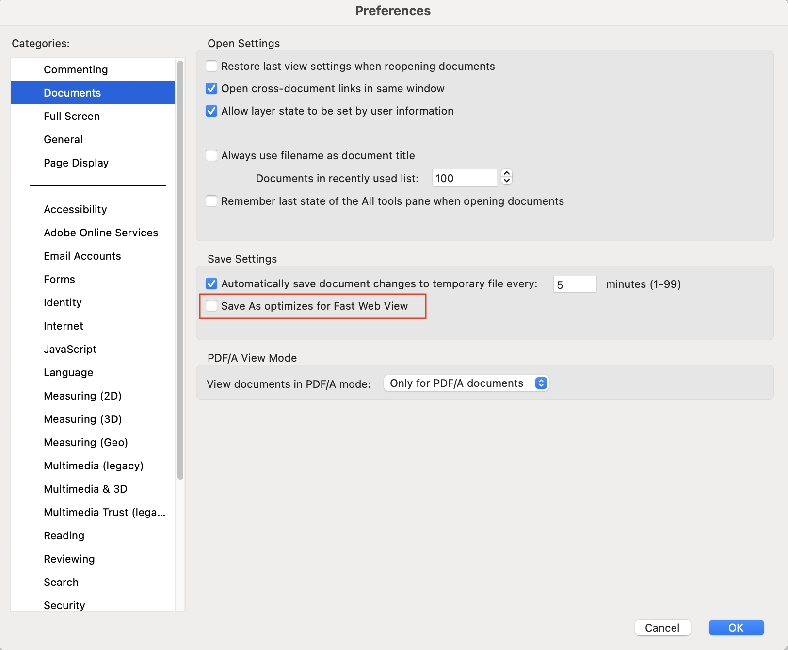 Acrobat preferences