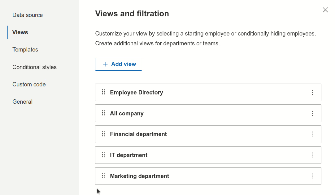 Manage and reorder views in Org Chart