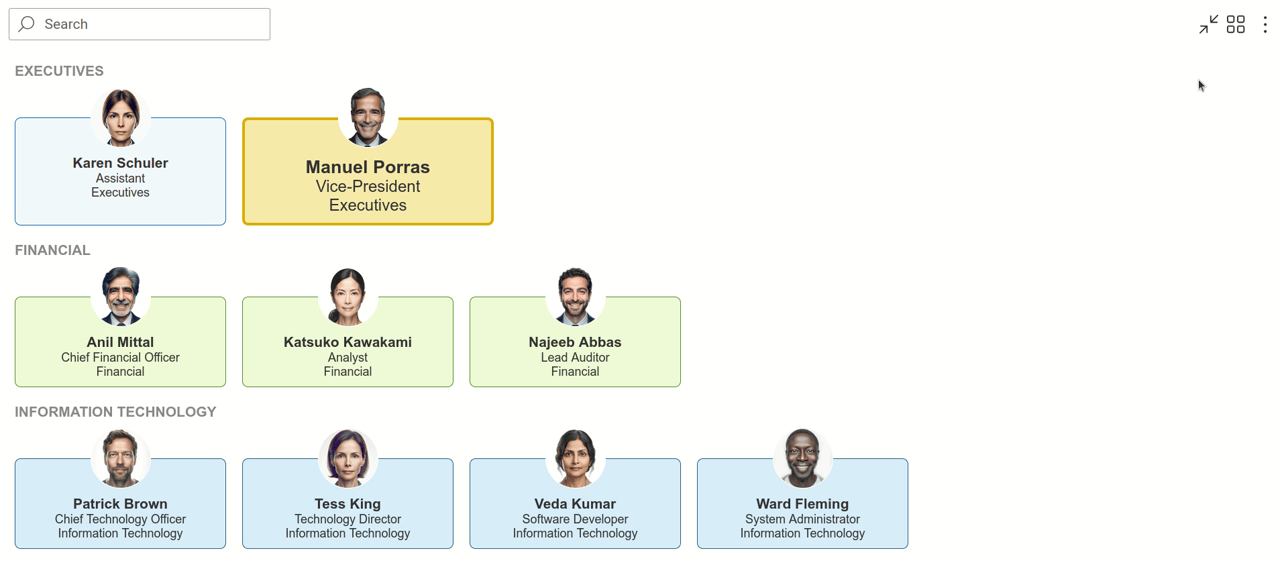 Plumsail Org Chart with an Employee Directory view, switching layouts