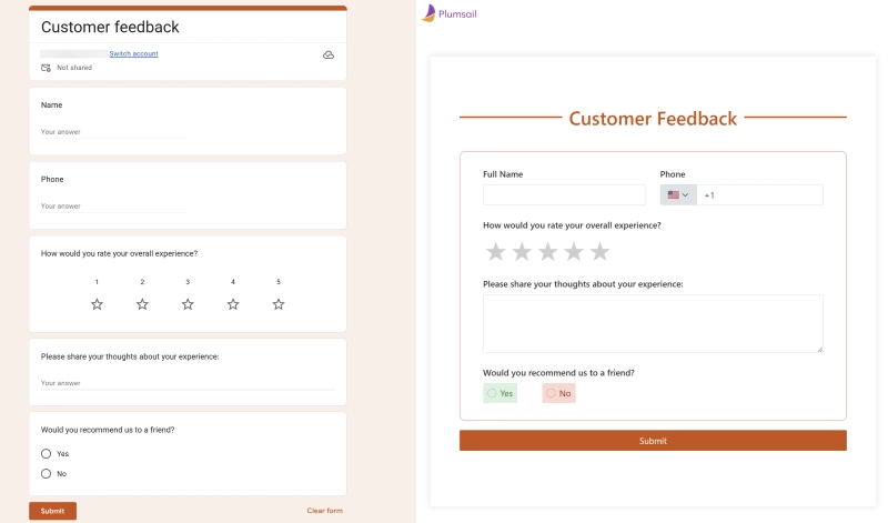 Example of a feedback form built in Google Forms and Plumsail Forms