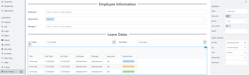 Add List or Library control to show existing time-off requests