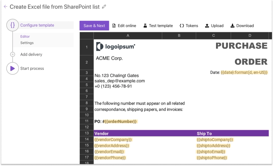 Configure document template