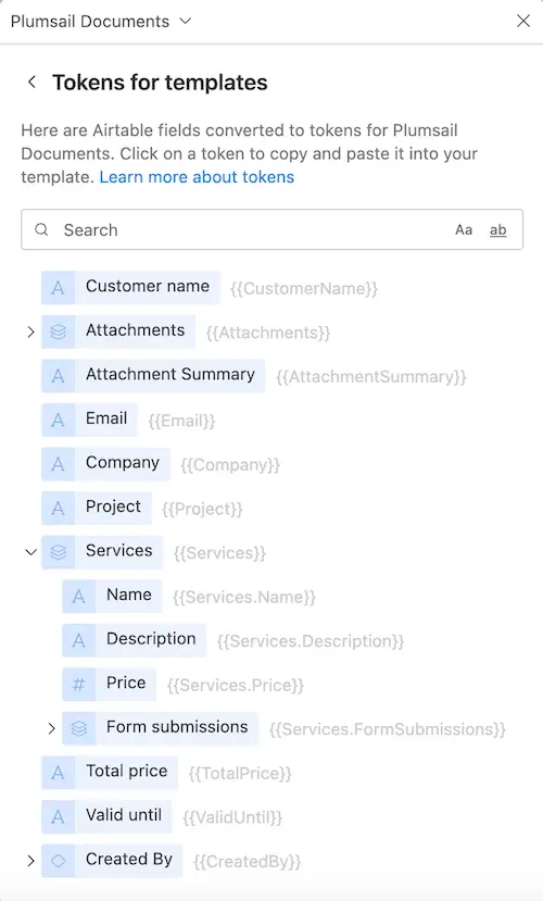 Tokens for templates