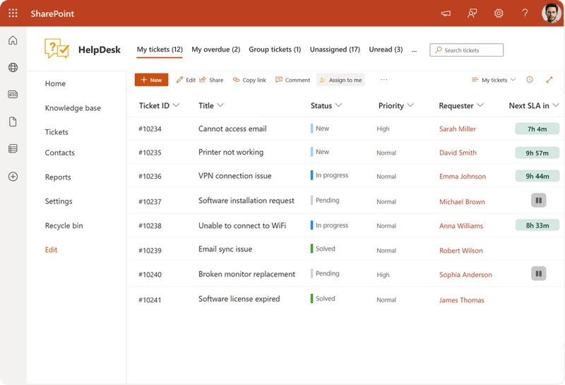 List view in SharePoint HelpDesk Ticketing System with Plumsail HelpDesk