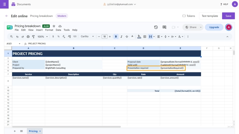 Excel pricing breakdown template with repeating service rows and Plumsail Documents tokens