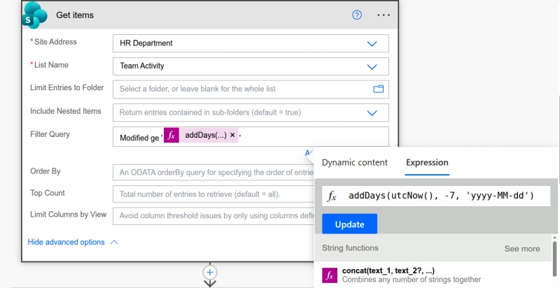 Power Automate SharePoint Get items action with a date filter for the reporting period