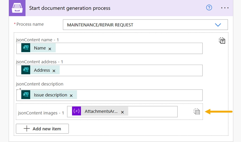 populate images into excel from ms form start process