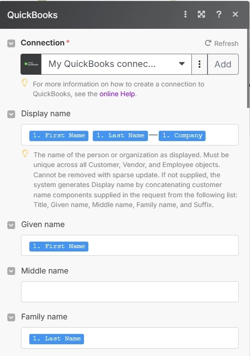 Map fields from Plumsail form to QuickBooks