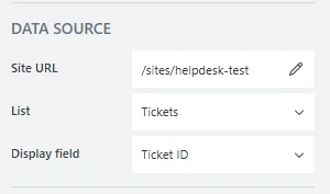 Lookup data source properties configured to use a help desk site