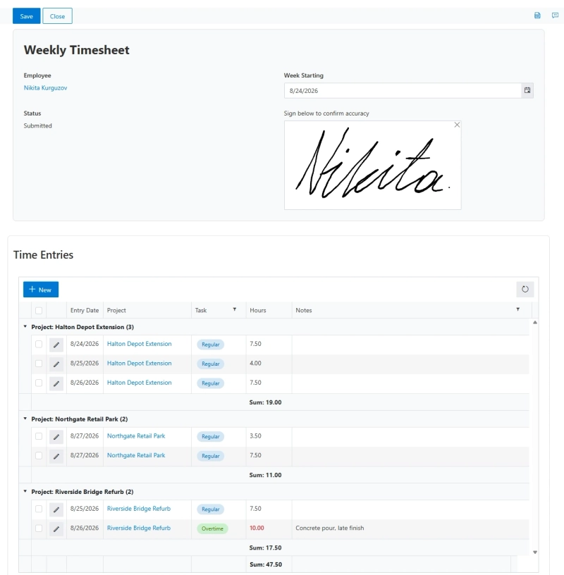 Finished timesheet form in SharePoint