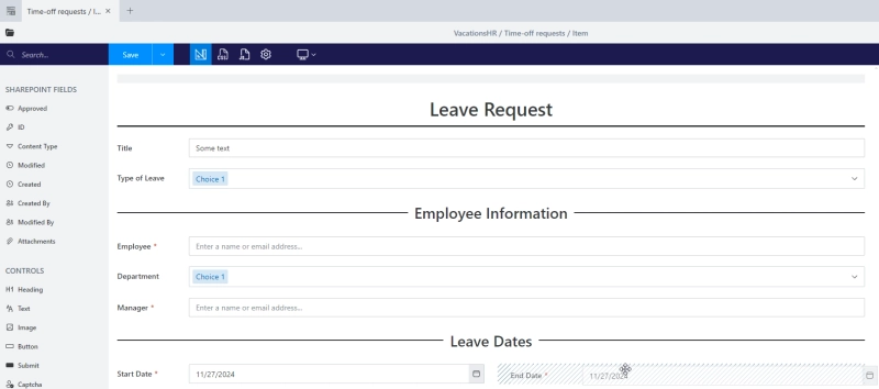 Drag and drop fields to create custom form with Plumsail Forms