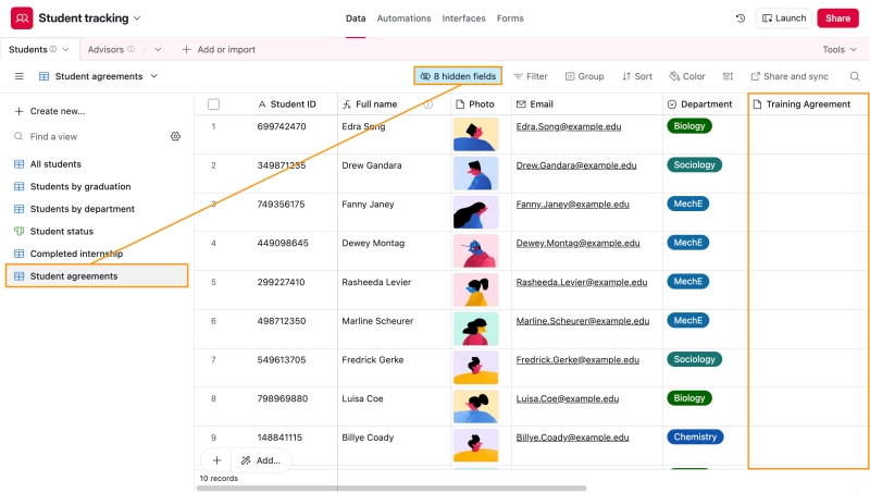 Airtable view configuration with selected fields for document generation