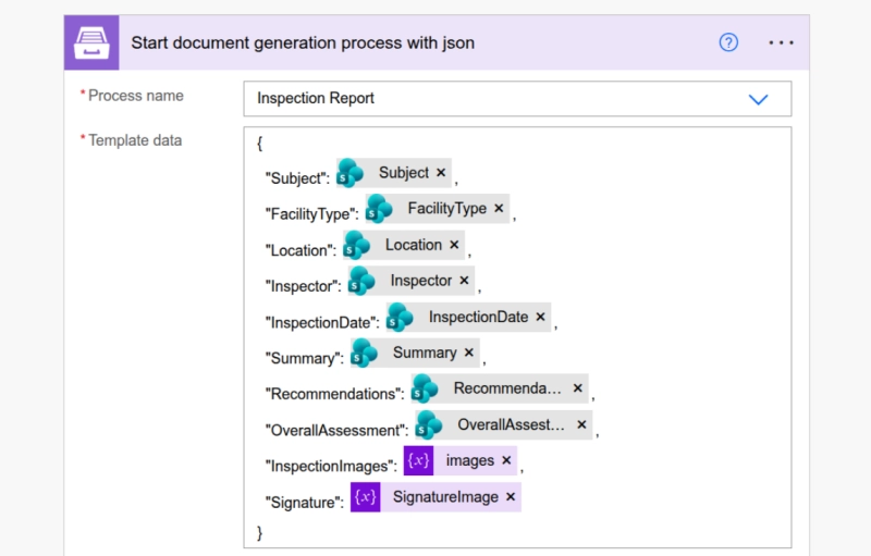Plumsail Documents action in Power Automate mapping SharePoint trigger fields and variables to the process