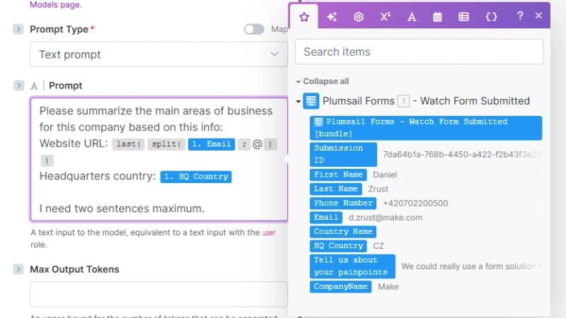 OpenAI prompt with mapped variables