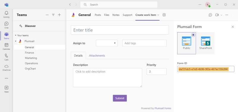 Pasting the form ID into the Plumsail Forms tab in Teams