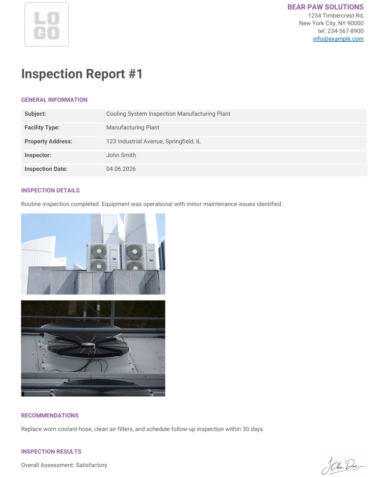 Inspection report PDF with signature and evidence photos generated from SharePoint data using Plumsail Documents