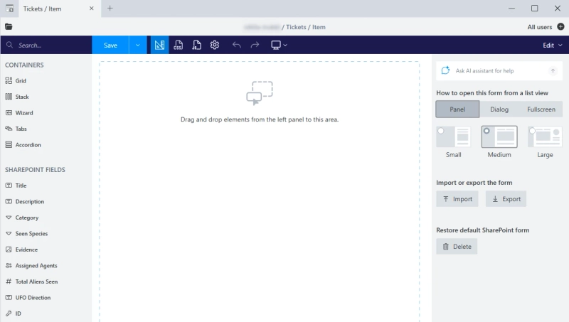 Plumsail Forms for SharePoint designer with a blank form