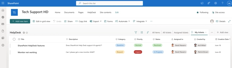 My tickets section, SharePoint list view