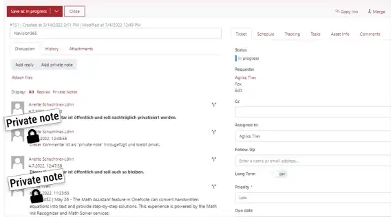 Advanced comment management for tickets in HelpDesk for SharePoint from advantegy GmbH
