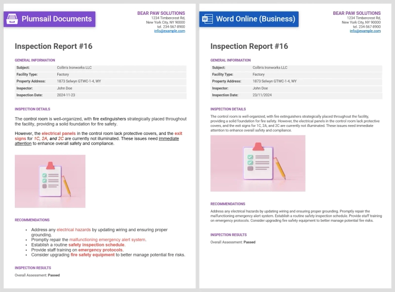 Output documents comparison