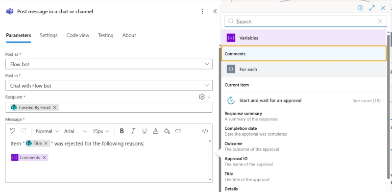 Add comments to Teams message